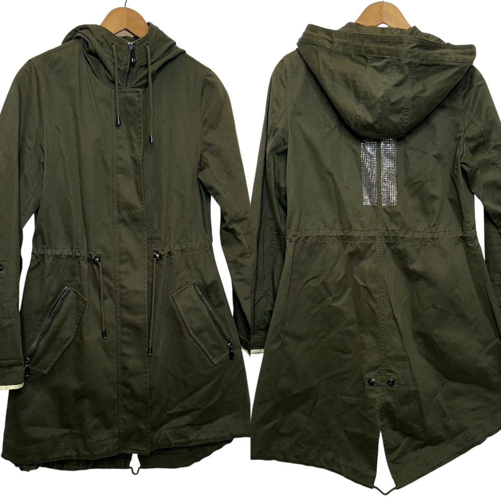 Dawn Levy Drawstring Rhinestone Hooded Utility Coat/Jacket Dark Olive Sz XS